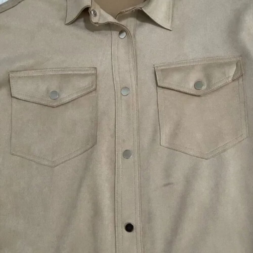 Women Zara Faux Suede Snap Front Shacket Relaxed Fit in Beige Tan Size Small - Picture 6 of 6